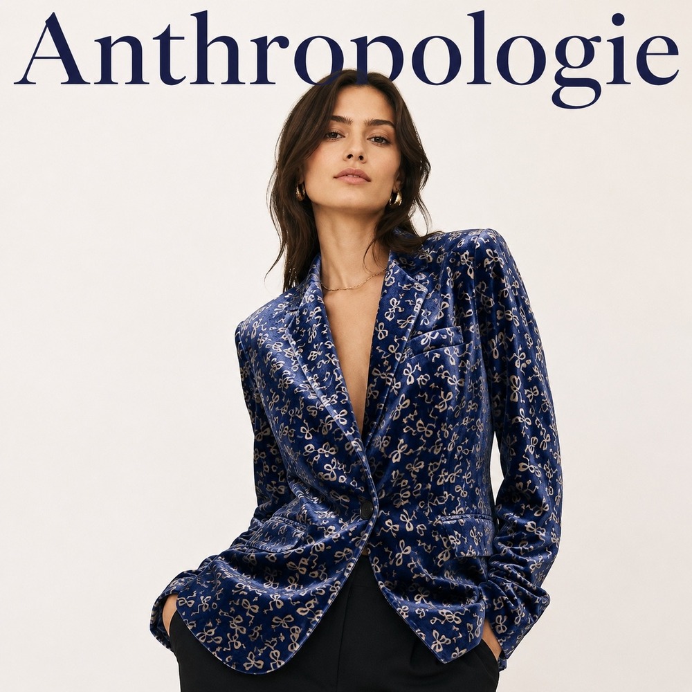 Maeve Navy Blue Velvet Blazer with Gold Metallic Pattern